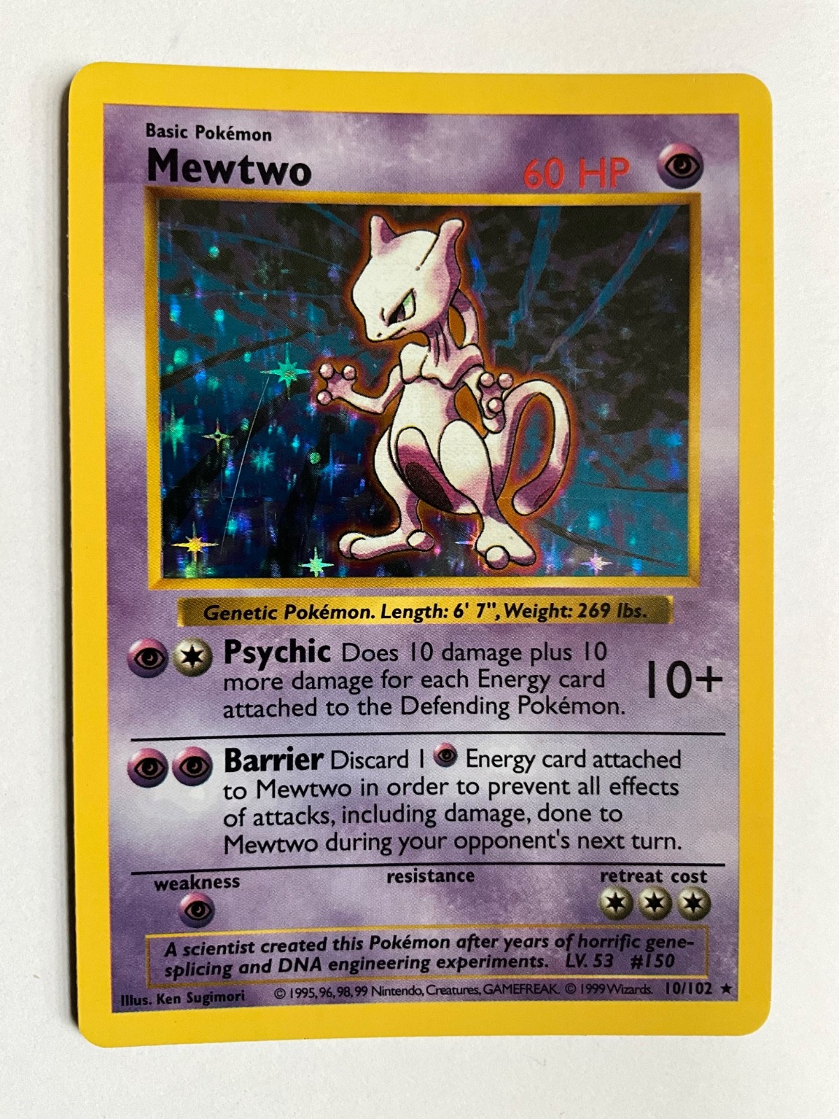 Pokémon LP Mewtwo 10/102 Holo Rare 1999 WOTC Base Set SHADOWLESS Edition Curl