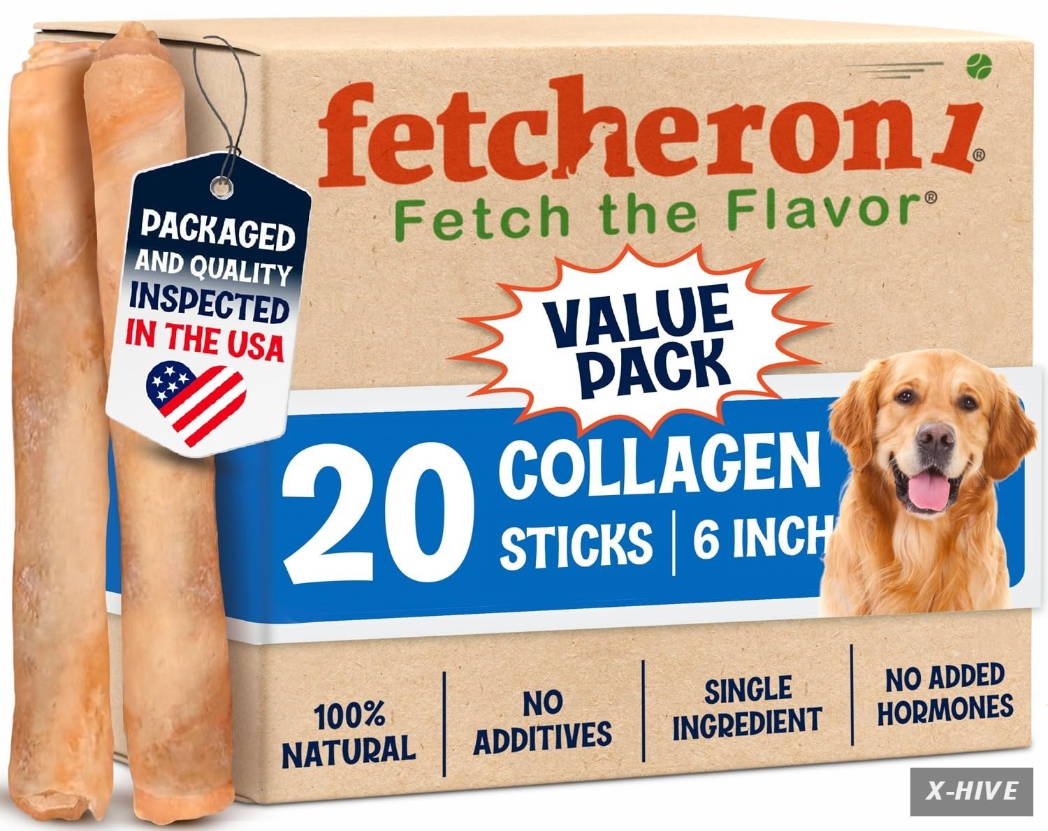 FETCHERONI Collagen Bully Stick for Dogs,Low Odor Beef Stick,6in,20 PCS
