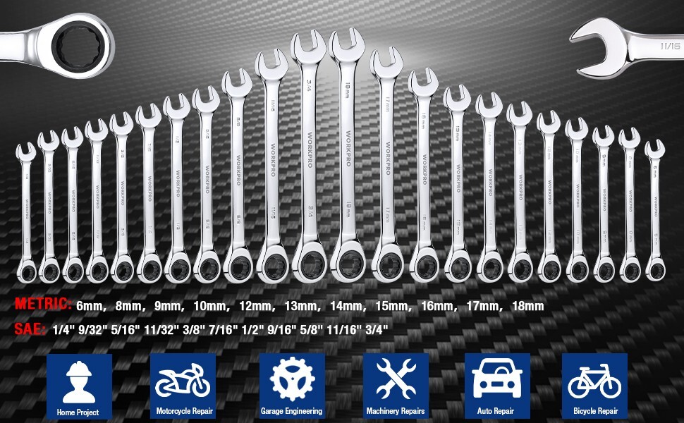 WORKPRO 22-Piece Ratcheting Combination Wrench Set Metric 6-18mm & SAE 1/4-3/4\