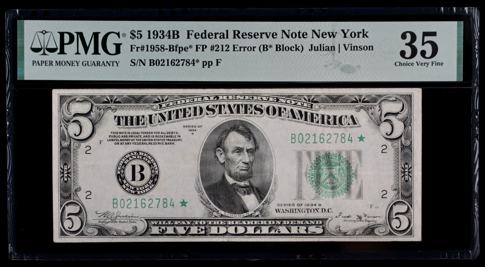 Face plate 212 Engraving Error 1934B $5 Star FRN PMG 35 Fr#1958-Bfpe* B02162784*