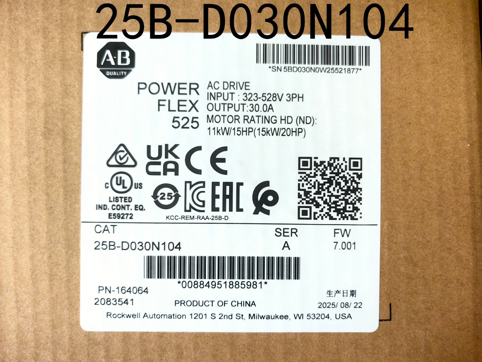 2025 New Allen-Bradley 25B-D030N104 Ser A PowerFlex 525 15kW 20Hp AC Drive 2025 New Allen-Bradley 25B-D030N104 Ser A PowerFlex 525 15kW 20Hp AC Drive