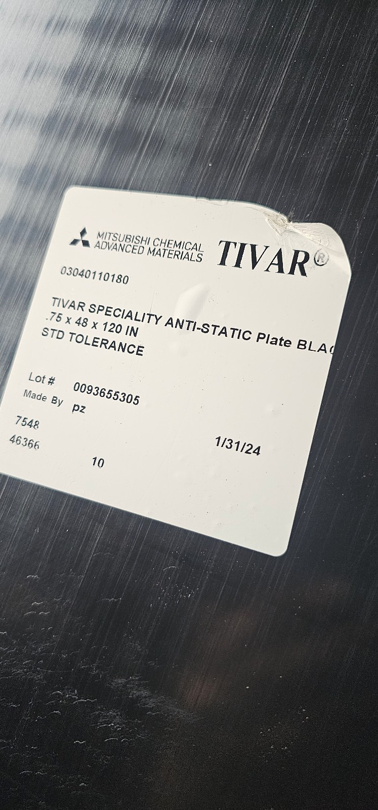 4ft by 10ft, 3/4 inch thick, black UHMW PE Tivar white or black