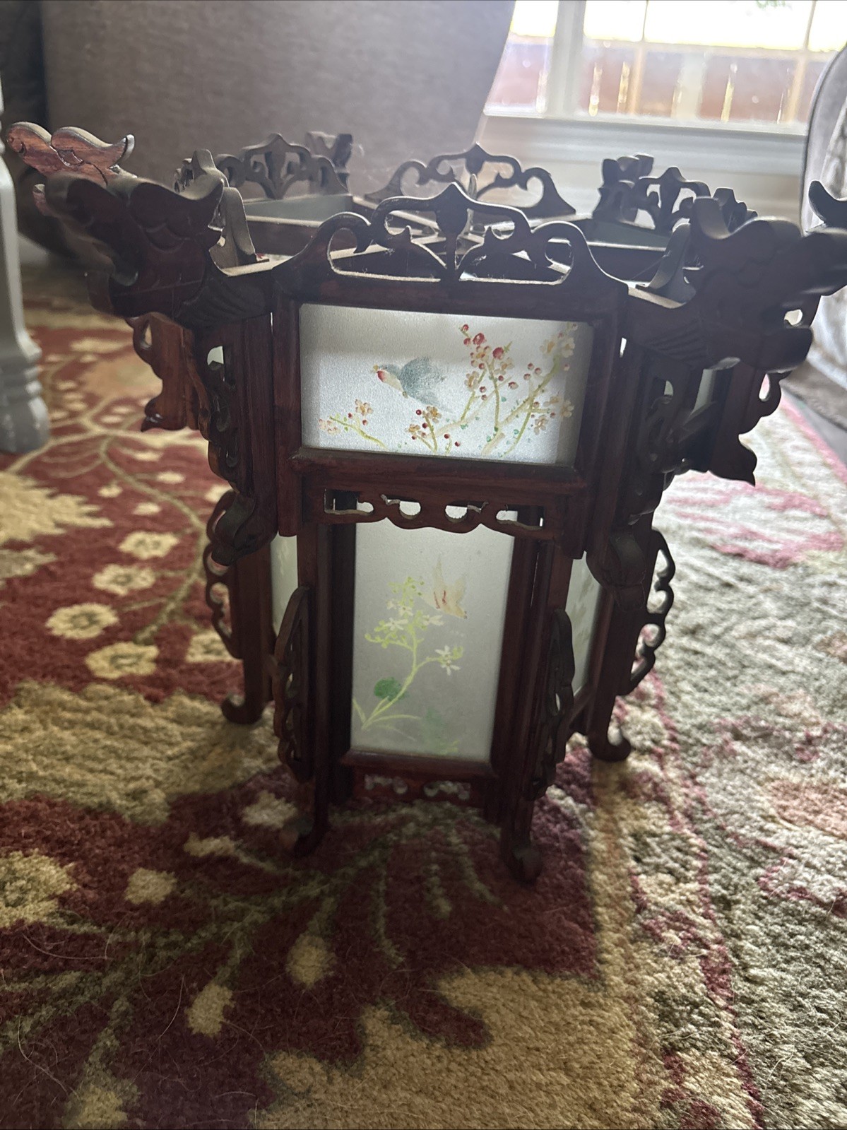 Large Antique Asian Carved Wood Lantern Painted Glass Panels, 1900s 12” Tall Large Antique Asian Carved Wood Lantern Painted Glass Panels, 1900s 12” Tall