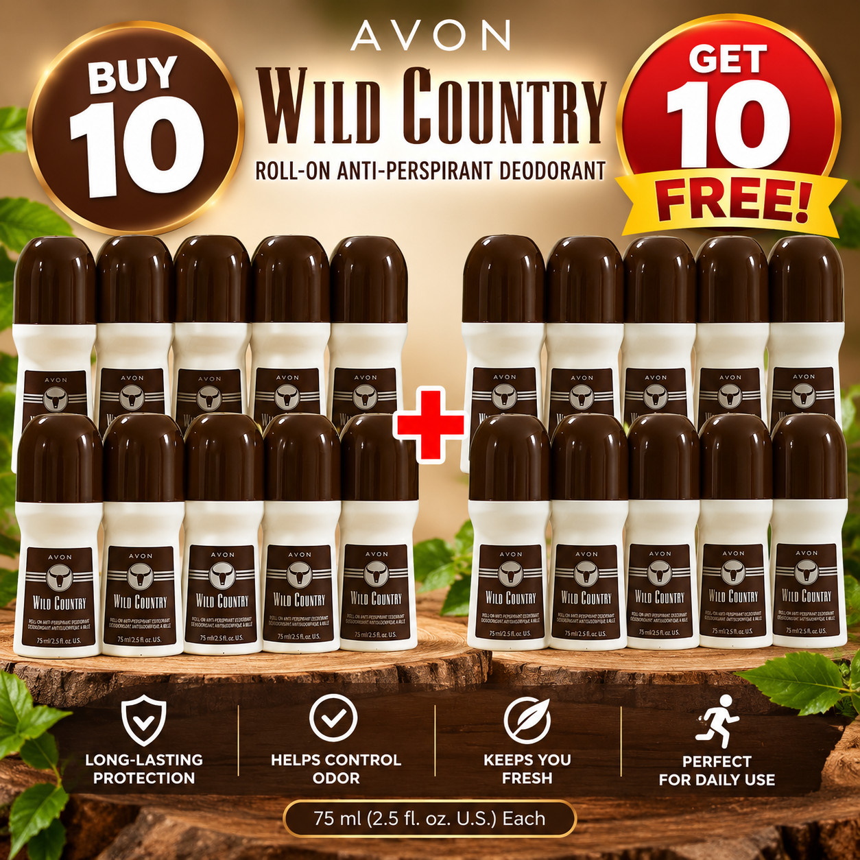 BUY 10 GET 10 FREE Avon Wild Country Roll-on Anti-perspirant Deodorant 2.6 oz BUY 10 GET 10 FREE Avon Wild Country Roll-on Anti-perspirant Deodorant 2.6 oz