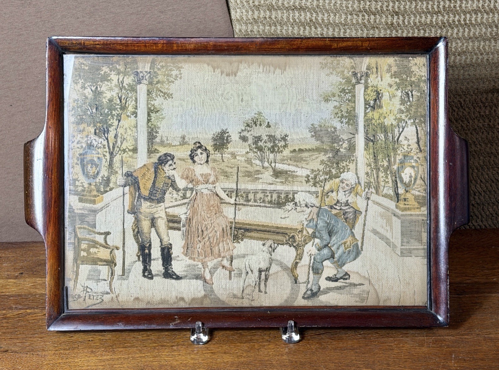 Rare Antique 1890s Billards Tapestry Serving Tray 20\ Rare Antique 1890s Billards Tapestry Serving Tray 20\