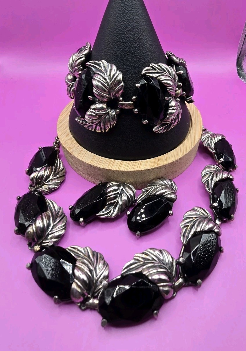 Vintage Signed Schiaparelli Jet Black Glass Silver Leaf Parure Set 1950s