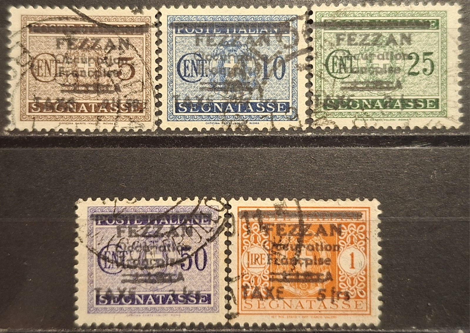 FEZZAN FRENCH OCCUPATION 1943 KINGDOM TAX MARKER SAS.1-5 USED COMPLETE SEE...