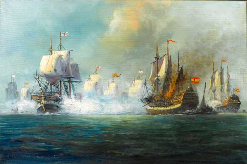 Dream-art hand paint Oil painting Seascape The Battle of Trafalgar with Warships