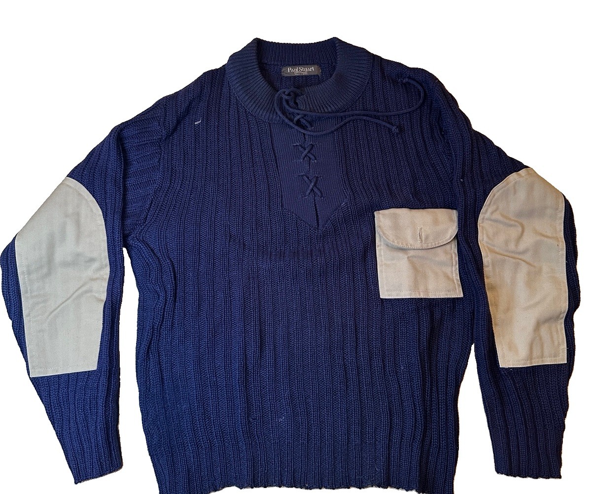 Vintage Paul Stuart NY Mens Navy Ribbed Lace Up Sweater Elbow Patches