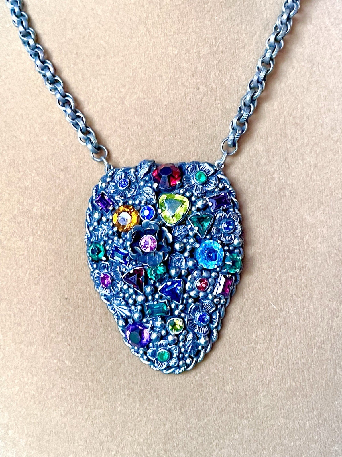 Fruit Salad Multicolor Rainbow Crystal Floral Art Nouveau Pendant Necklace