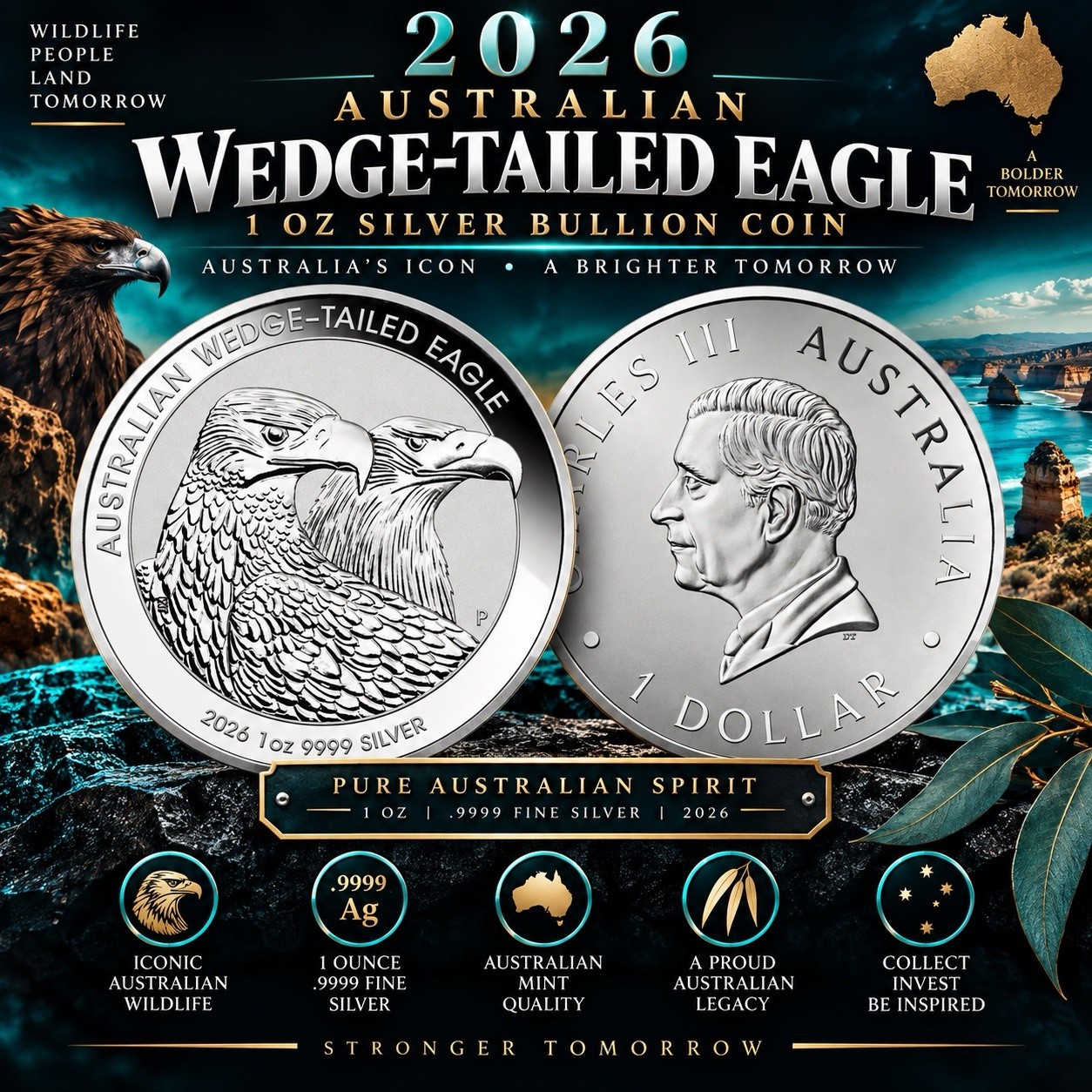 2026 Australia $1 Silver Wedge-Tailed Eagle Coin 1oz Uncirculated Collectible