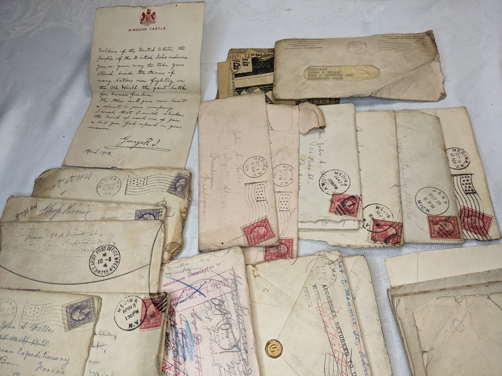 WWI Ephemera Lot: King George Letter to Soldiers, Letters, S&S Clippings 1917-20