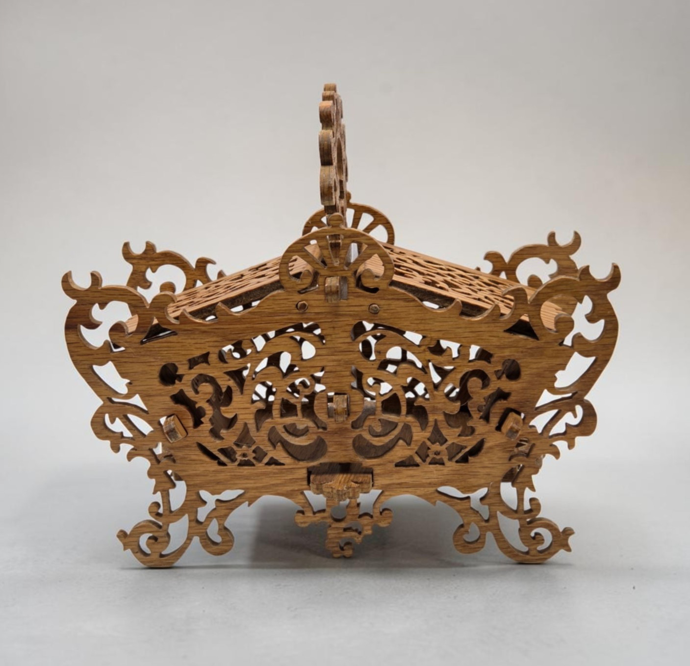 Vintage Folk Art Handmade Fretwork / Scrollwork Wooden Caddy Storage Basket