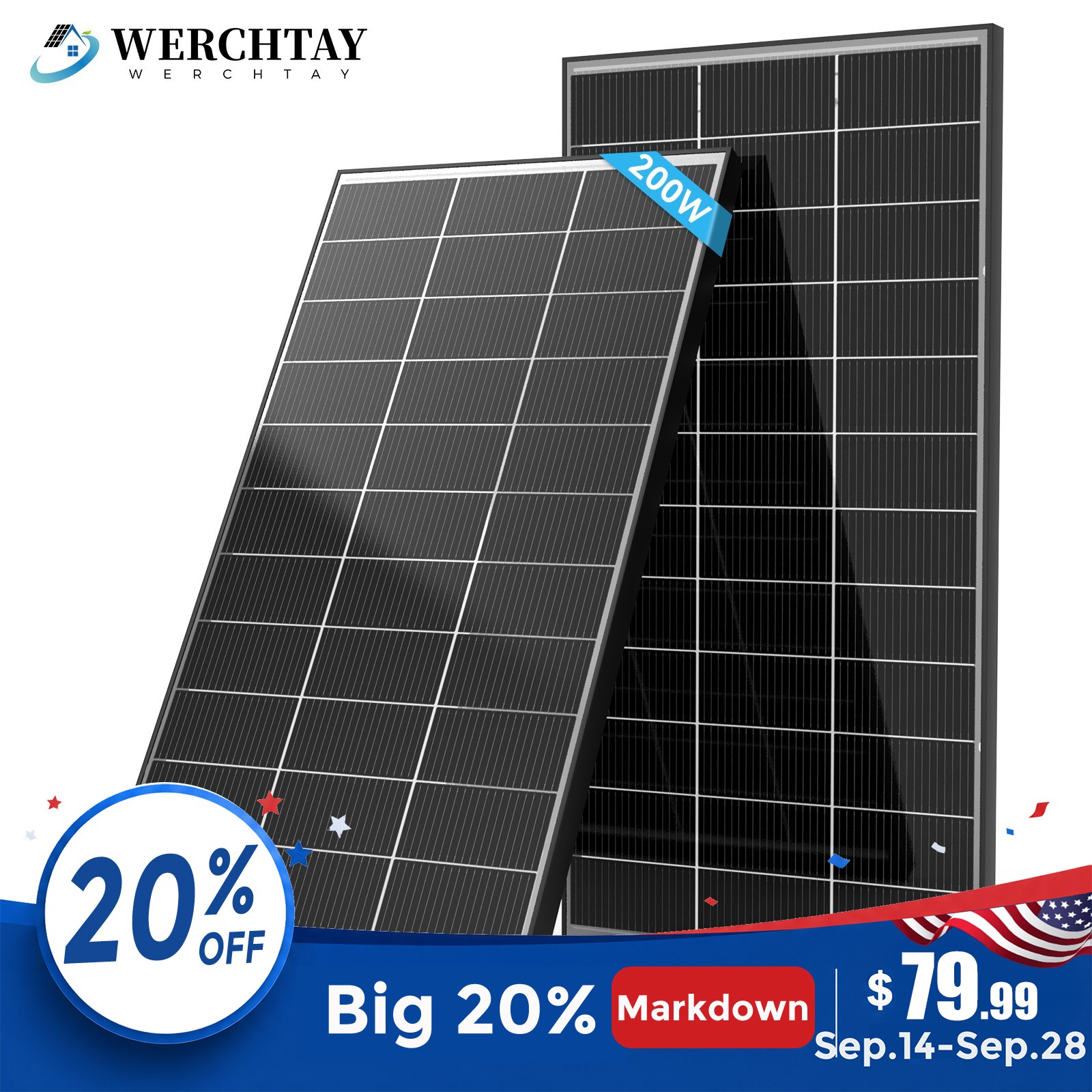 Werchtay Bifacial Solar Panel 200W N-Type 18BB High-Efficiency Solar Off-Grid US