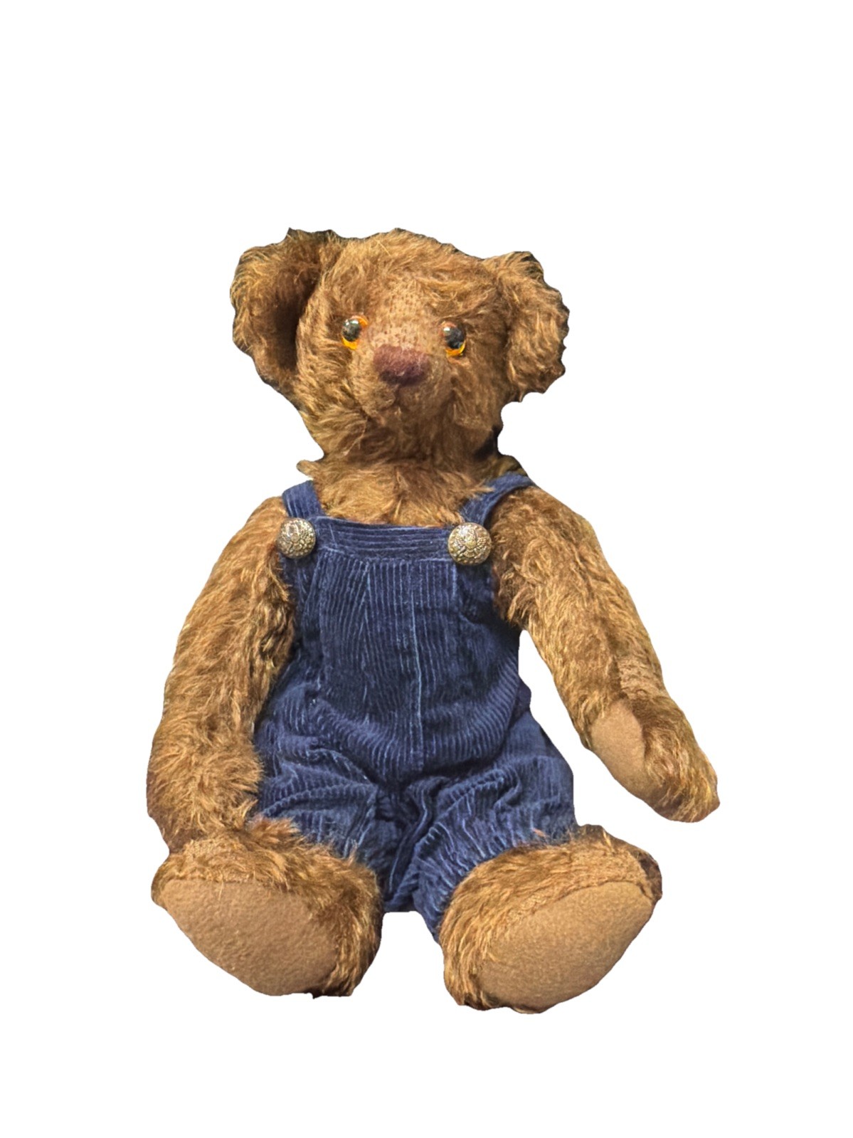 Vtg Knickerbocker Toy Company Mohair Teddy Bear Winston Brown Blue Overalls 12”