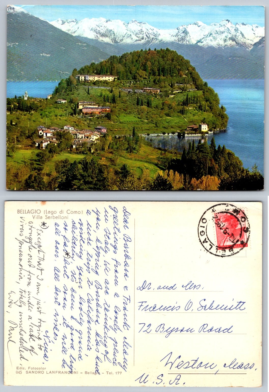 Vintage Bellagio, Lake Como, Italy Postcard - Villa Serbelloni & Alps 1960 Vintage Bellagio, Lake Como, Italy Postcard - Villa Serbelloni & Alps 1960