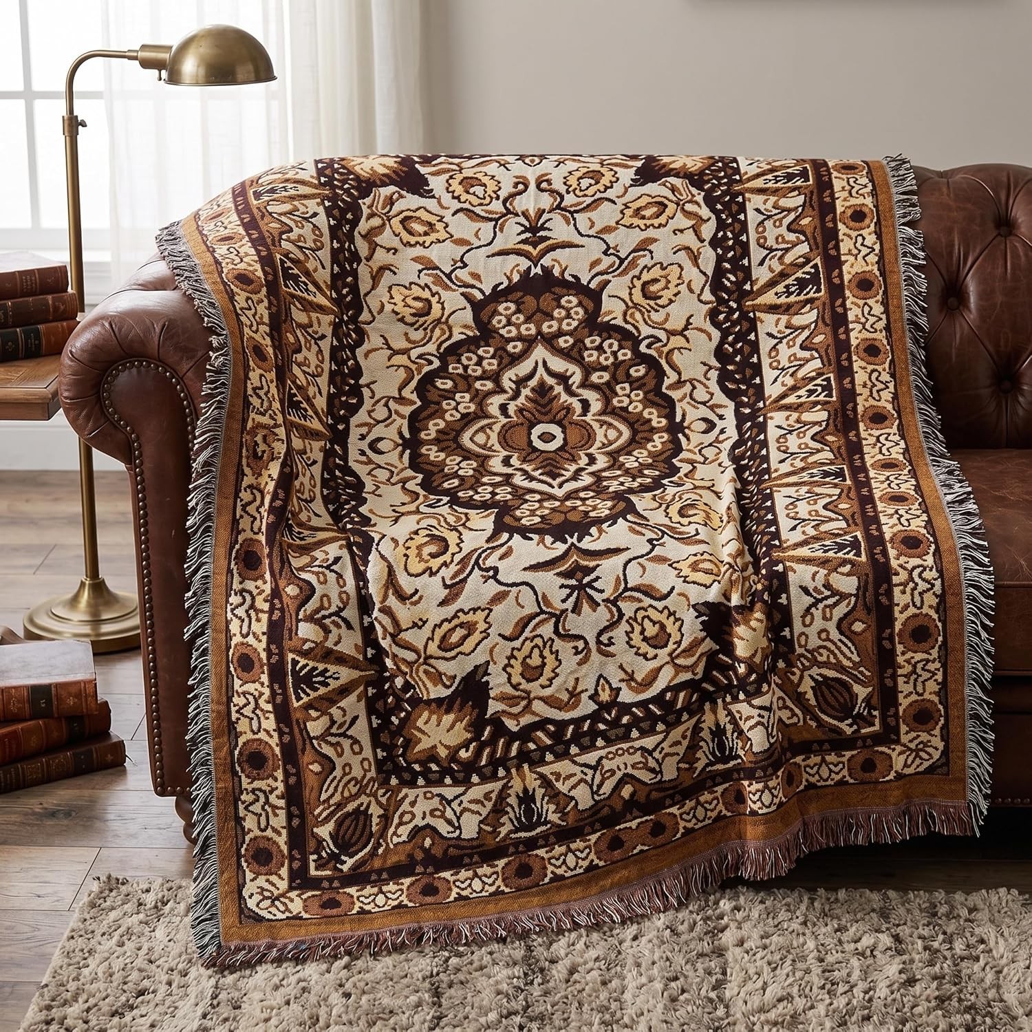 DaDa Bedding Elegant Golden Persian Rug Floral Tapestry Throw Blanket, 50” x 60”