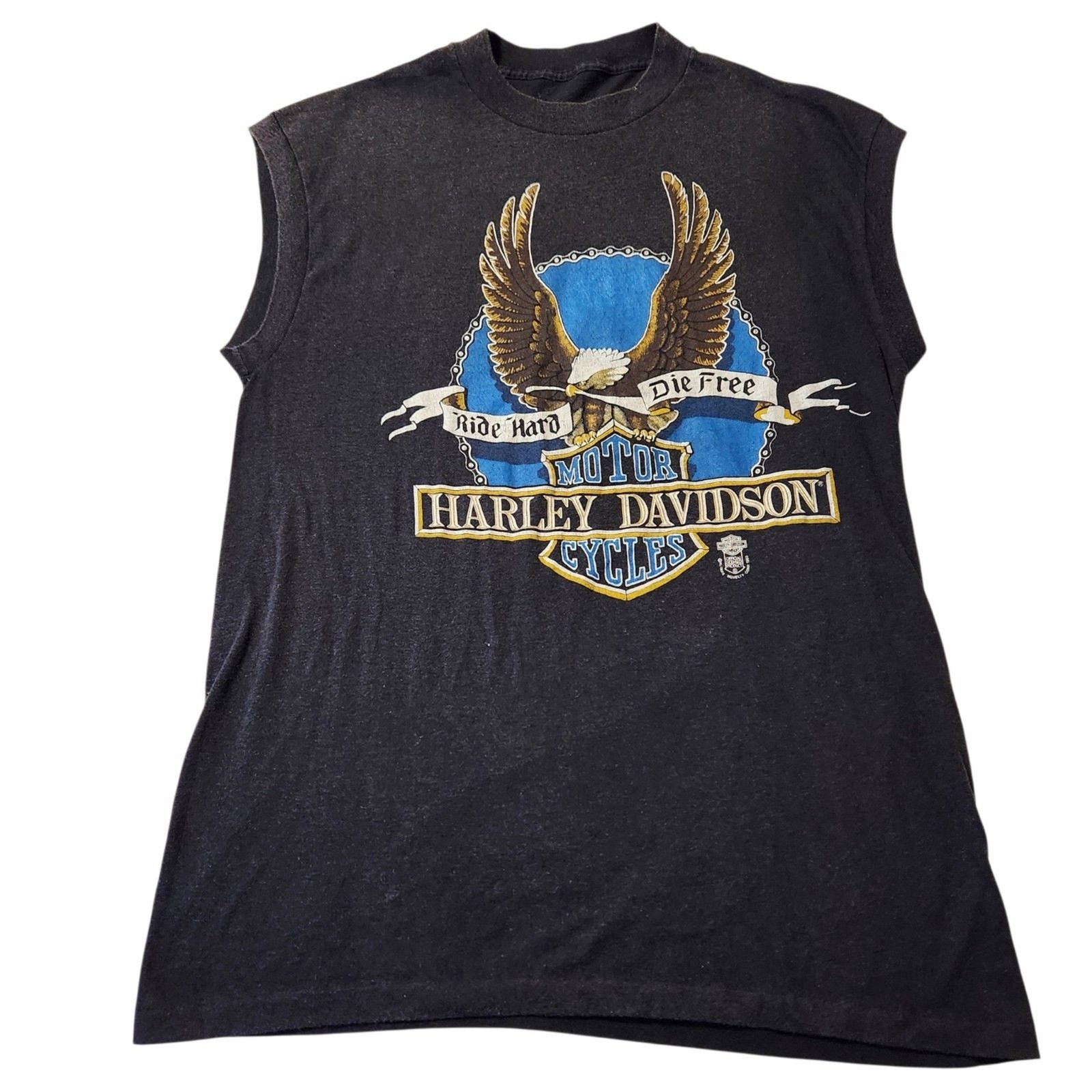 Vtg 80s Harley Davidson Eagle Ride Hard Die Free Black Sleeveless Tee Size L
