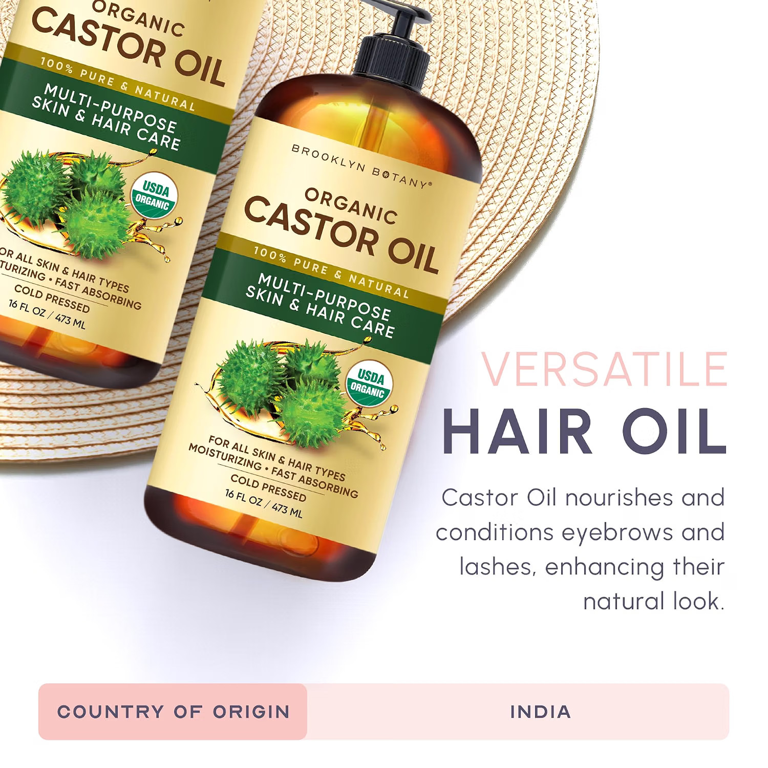 Premium Organic Castor Oil 100% Pure and Hexane-Free Cold-Pressed Beauty 16 fl.