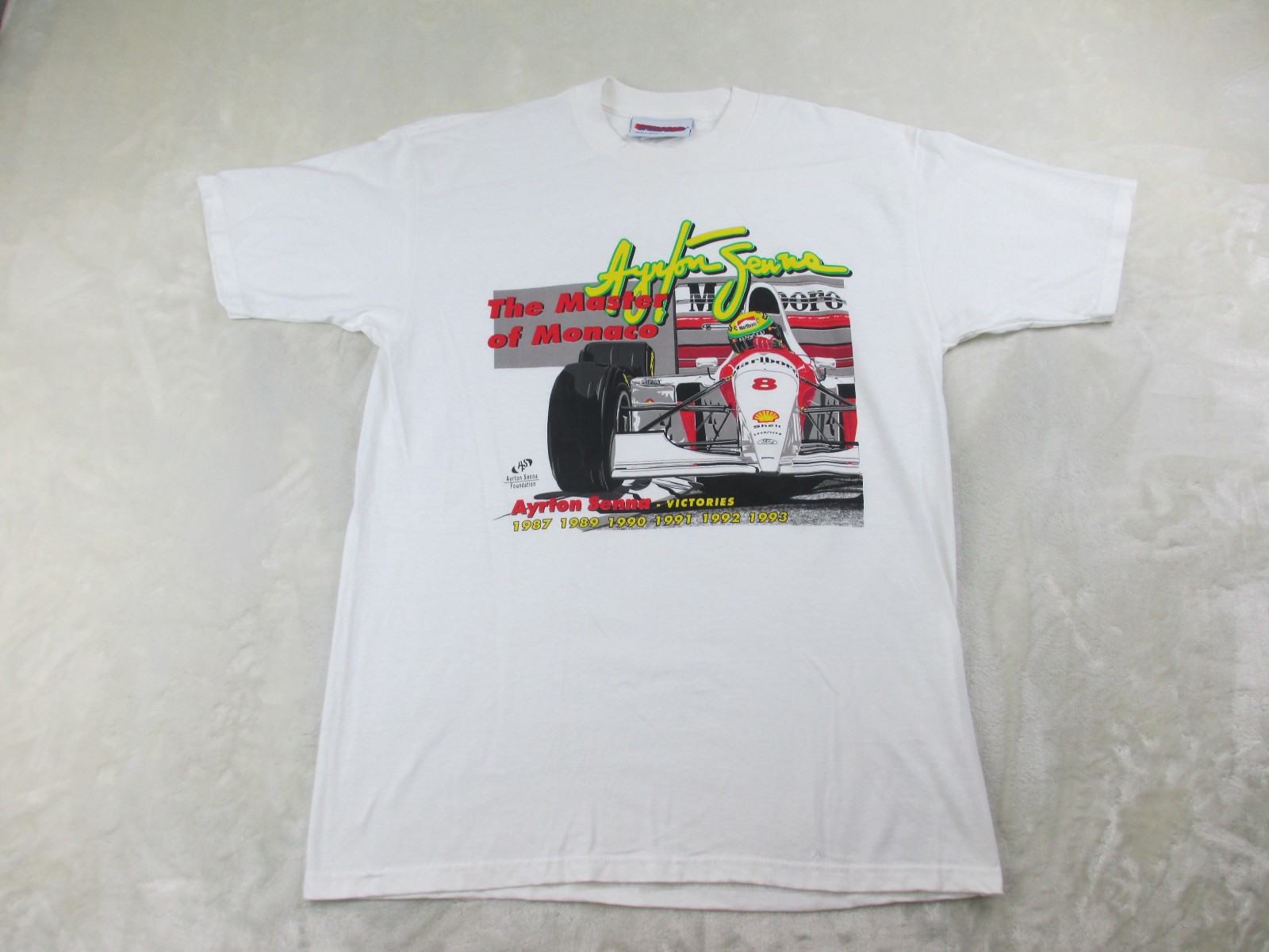 VINTAGE Ayrton Senna Shirt Mens Extra Large White Formula 1 Racing Monaco 90s* VINTAGE Ayrton Senna Shirt Mens Extra Large White Formula 1 Racing Monaco 90s*