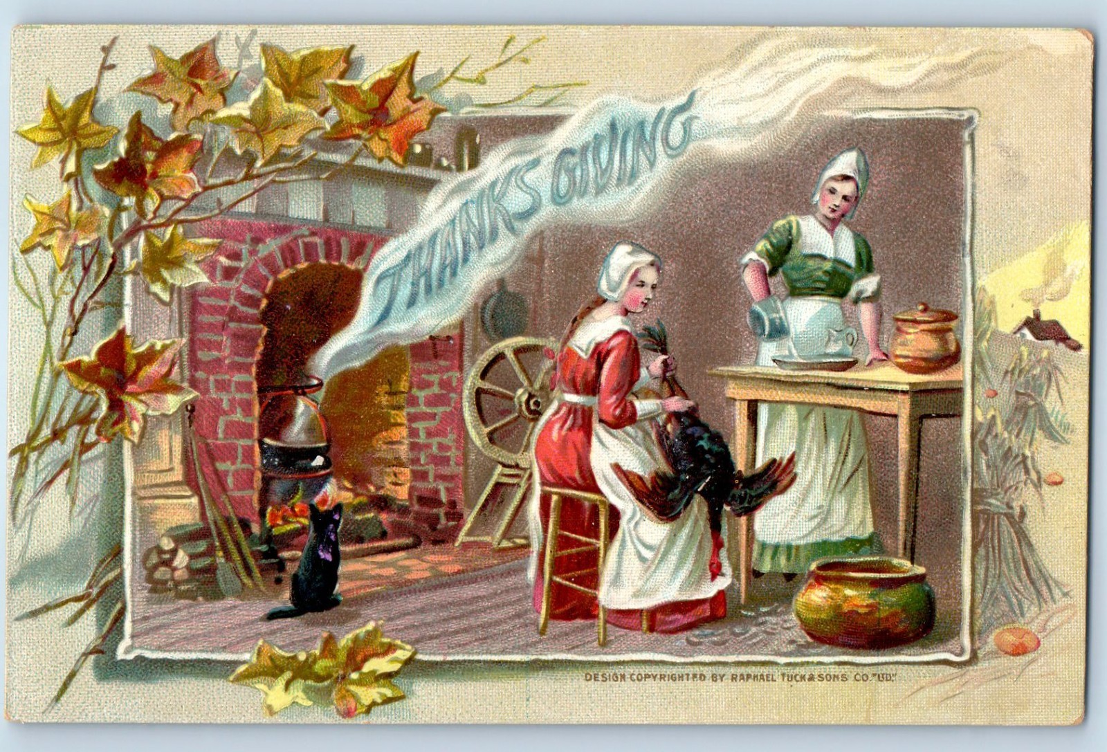 c1910's Thanksgiving Pilgrims With Turkey Fireplace Cat Raphael Tuck Postcard c1910's Thanksgiving Pilgrims With Turkey Fireplace Cat Raphael Tuck Postcard