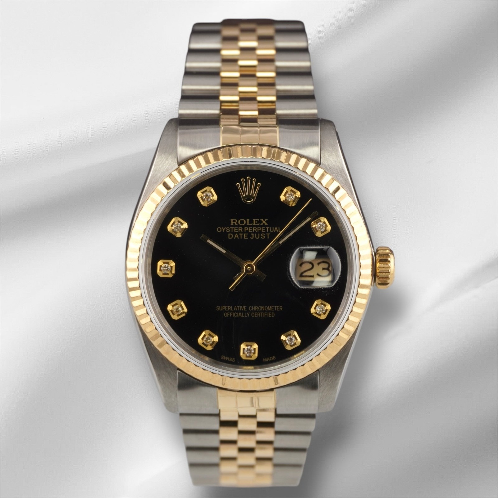 Rolex Datejust 36mm Yellow Gold Fluted Black Diamond Dial Jubilee Watch 16013