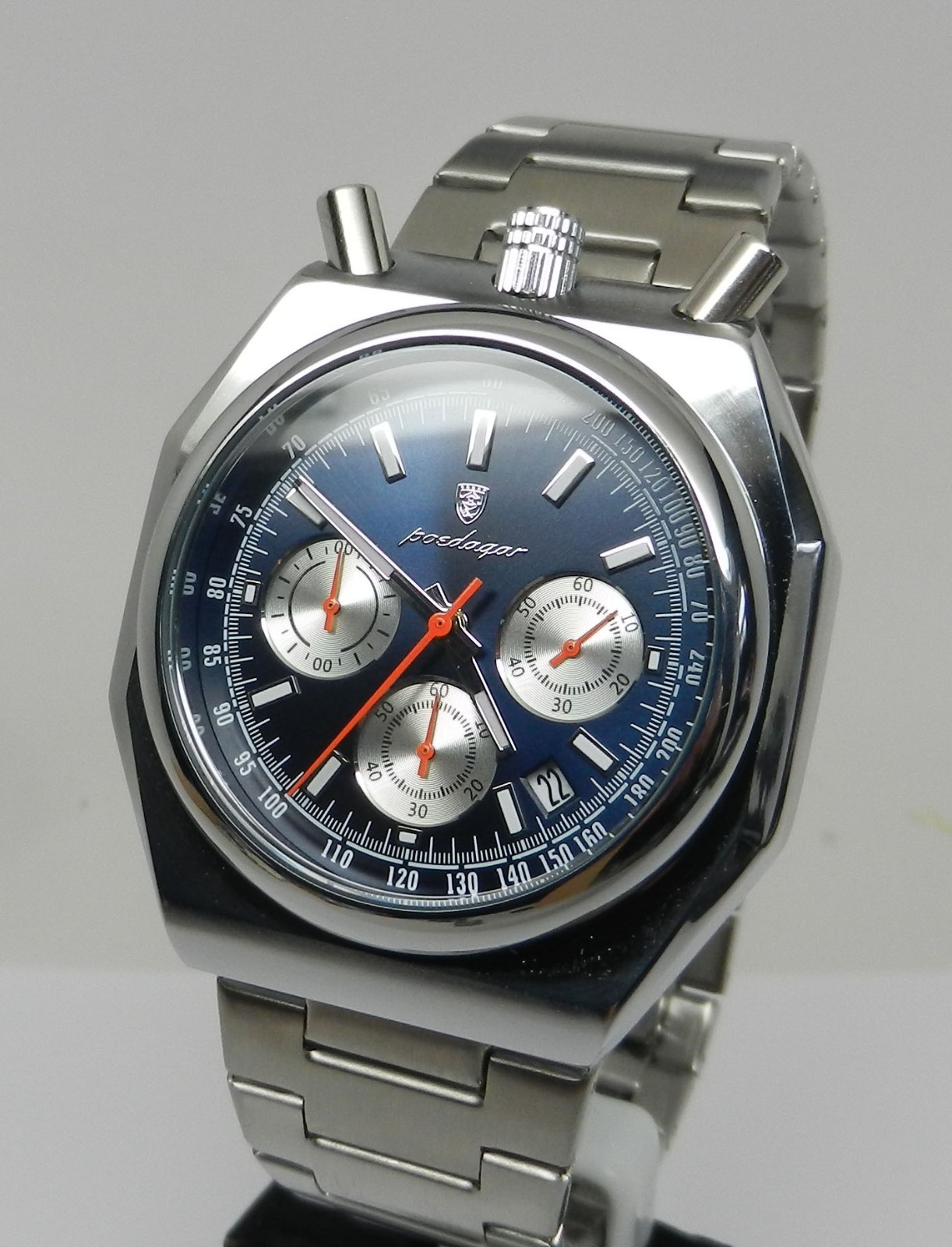 Men\'s Retro Vintage Design Blue Bullhead Octagon Chronograph Racing 43mm Watch