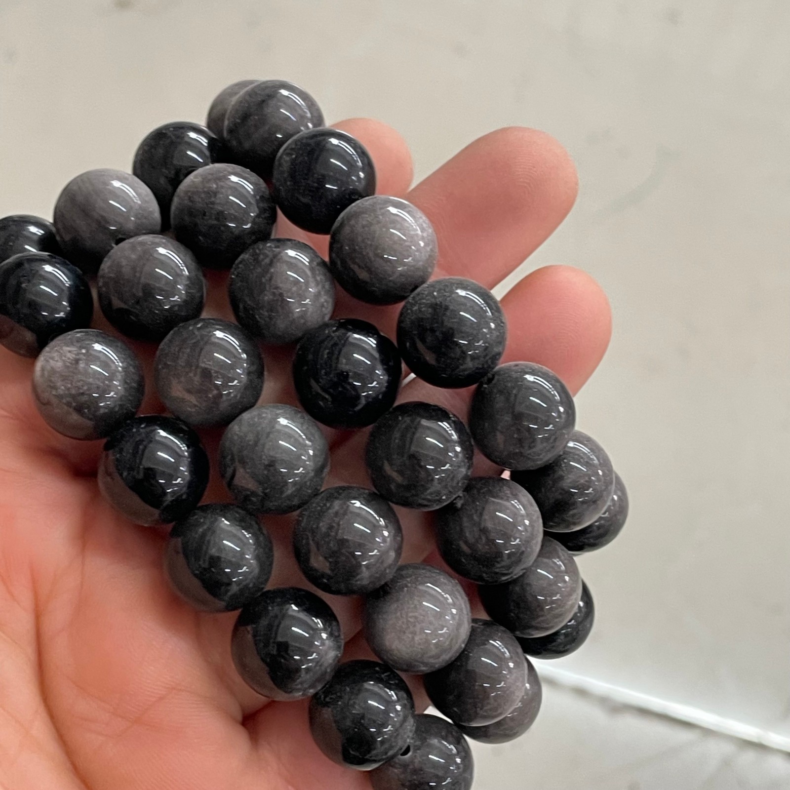 5pcs silver obsidian bead bracelet, crystal gemstone elastic bracelet Size 12mm