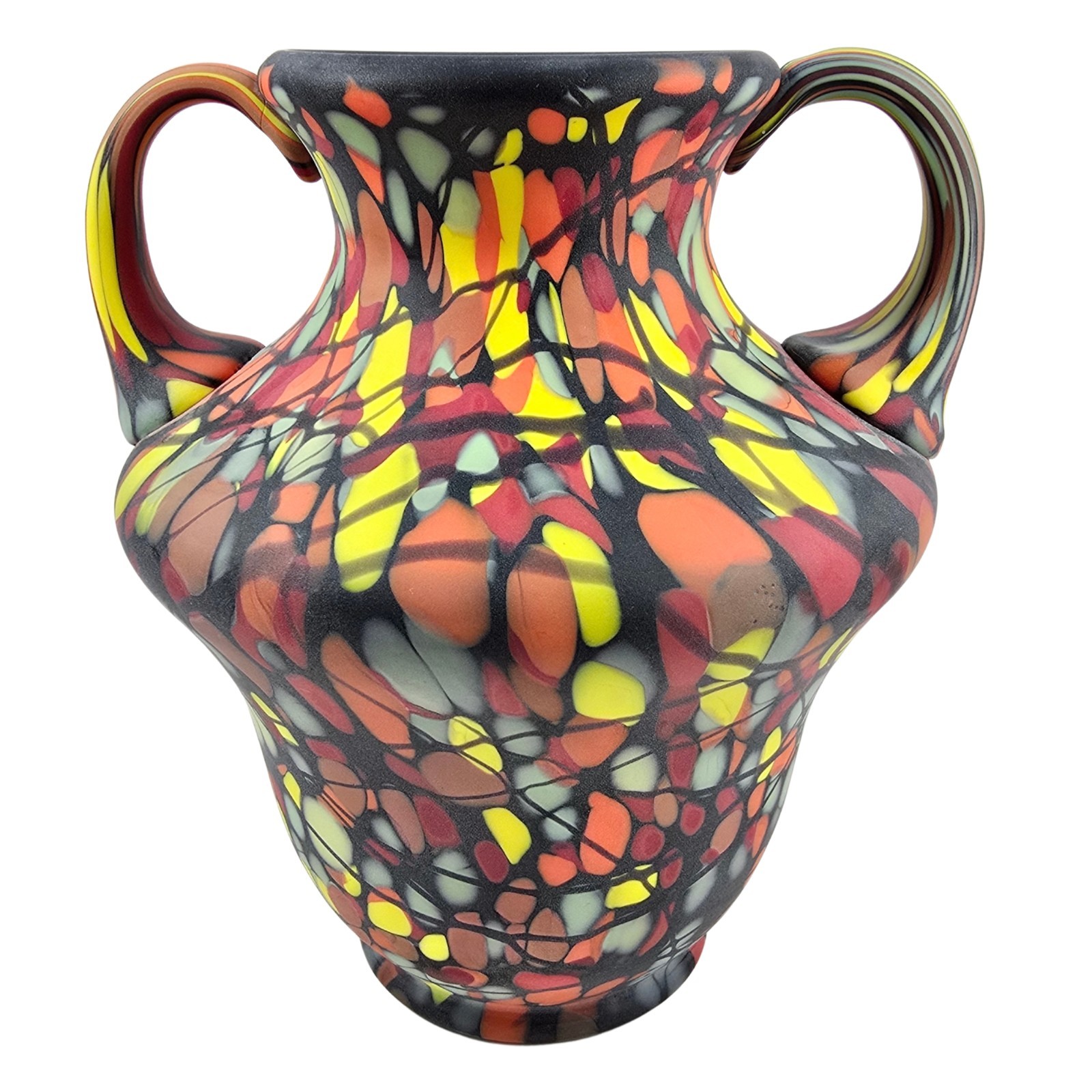 Vintage Fenton Hand Blown Glass Vase by Dave Fetty Myriad Mosaic Double Handled