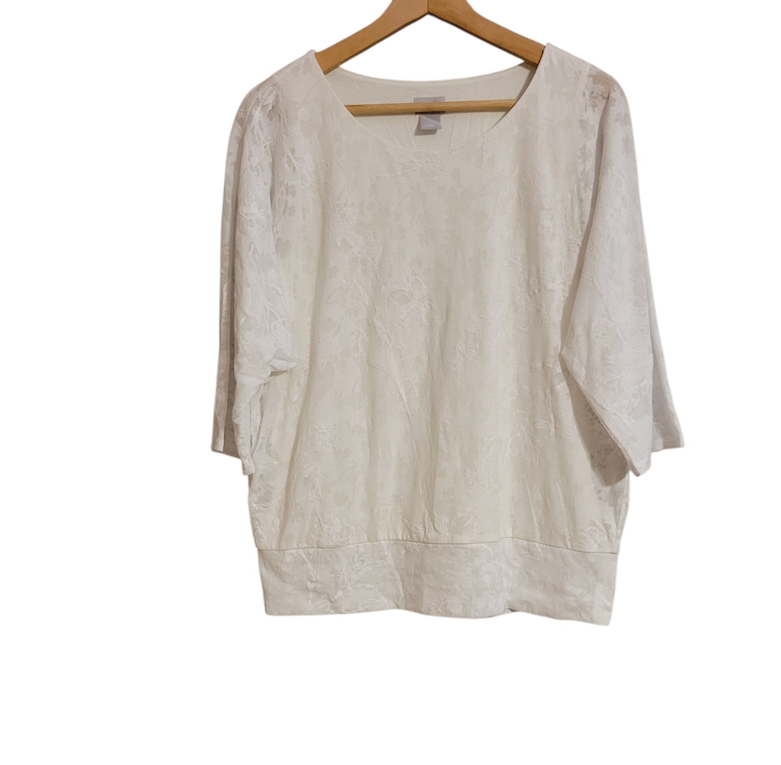Chico\'s Top Large White Floral Burnout 3/4 Sleeve Stretch Blouse