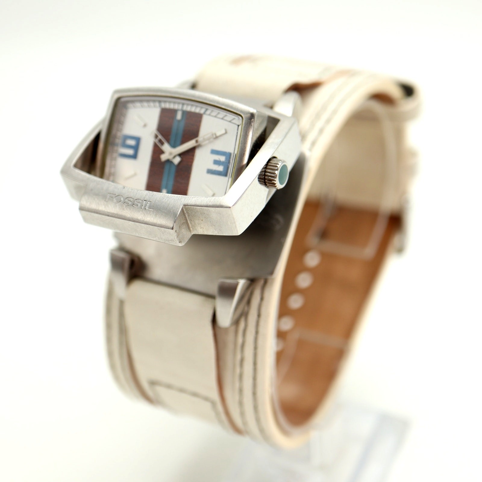 Vintage Y2K Fossil Flip Watch 38mm Wood Grain White Leather JR9604 w New Battery