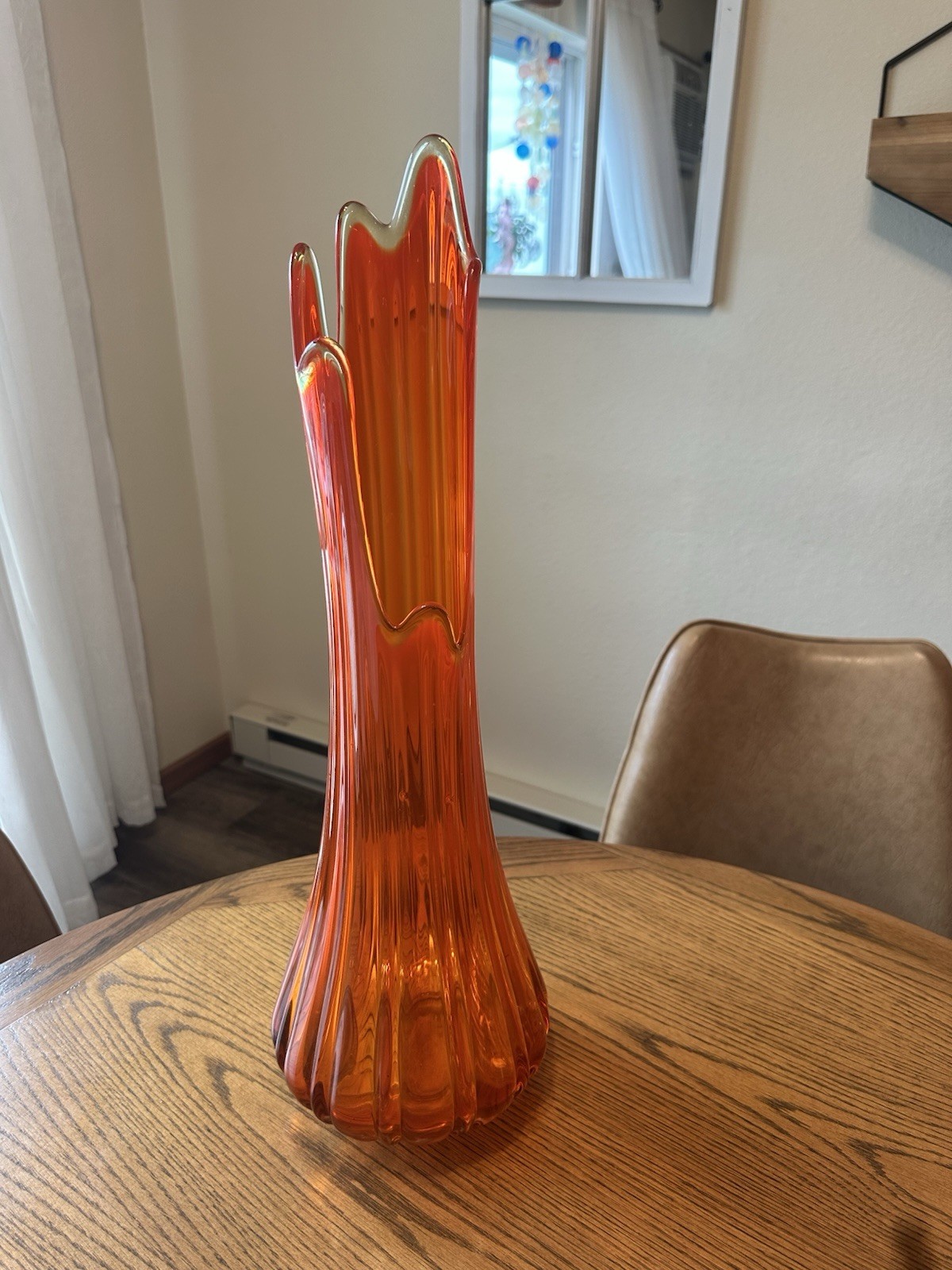 Vintage Swung Floor Vase LE Smith Orange Glass Six Petal Ribbed MCM 60s 70s