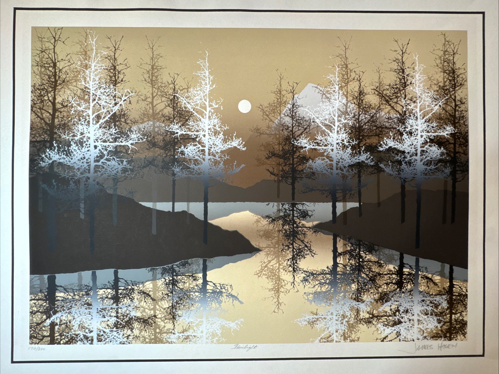 James Hagen Serigraph “Twilight” 172/300 Landscape Moon Trees Reflecting James Hagen Serigraph “Twilight” 172/300 Landscape Moon Trees Reflecting