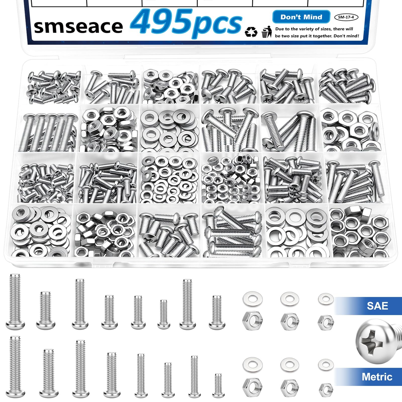 smseace 495Pcs SAE&Metric Nuts and Bolts Assortment SAE&Metric, Silver