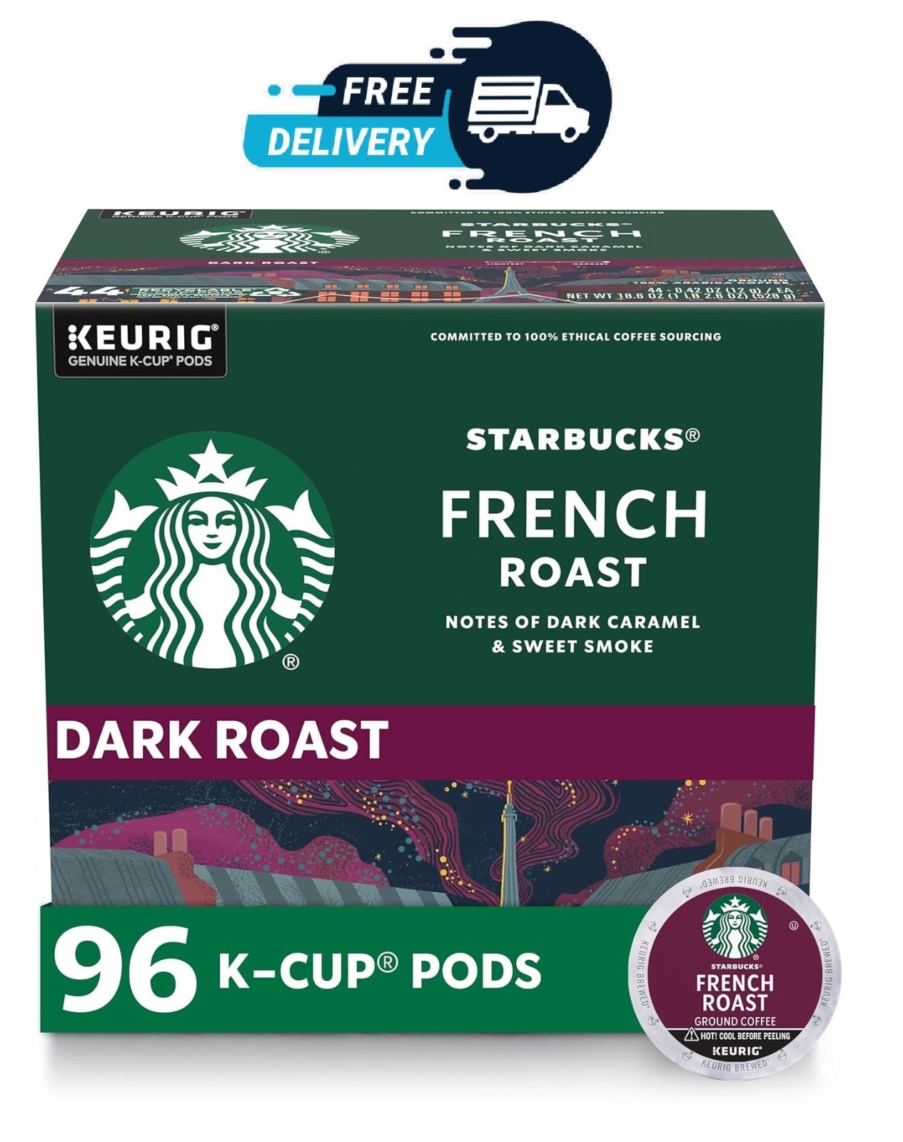 Starbucks K-Cup Coffee Pods, Dark Roast,French Roast for Keurig Brewers, 96 Pods