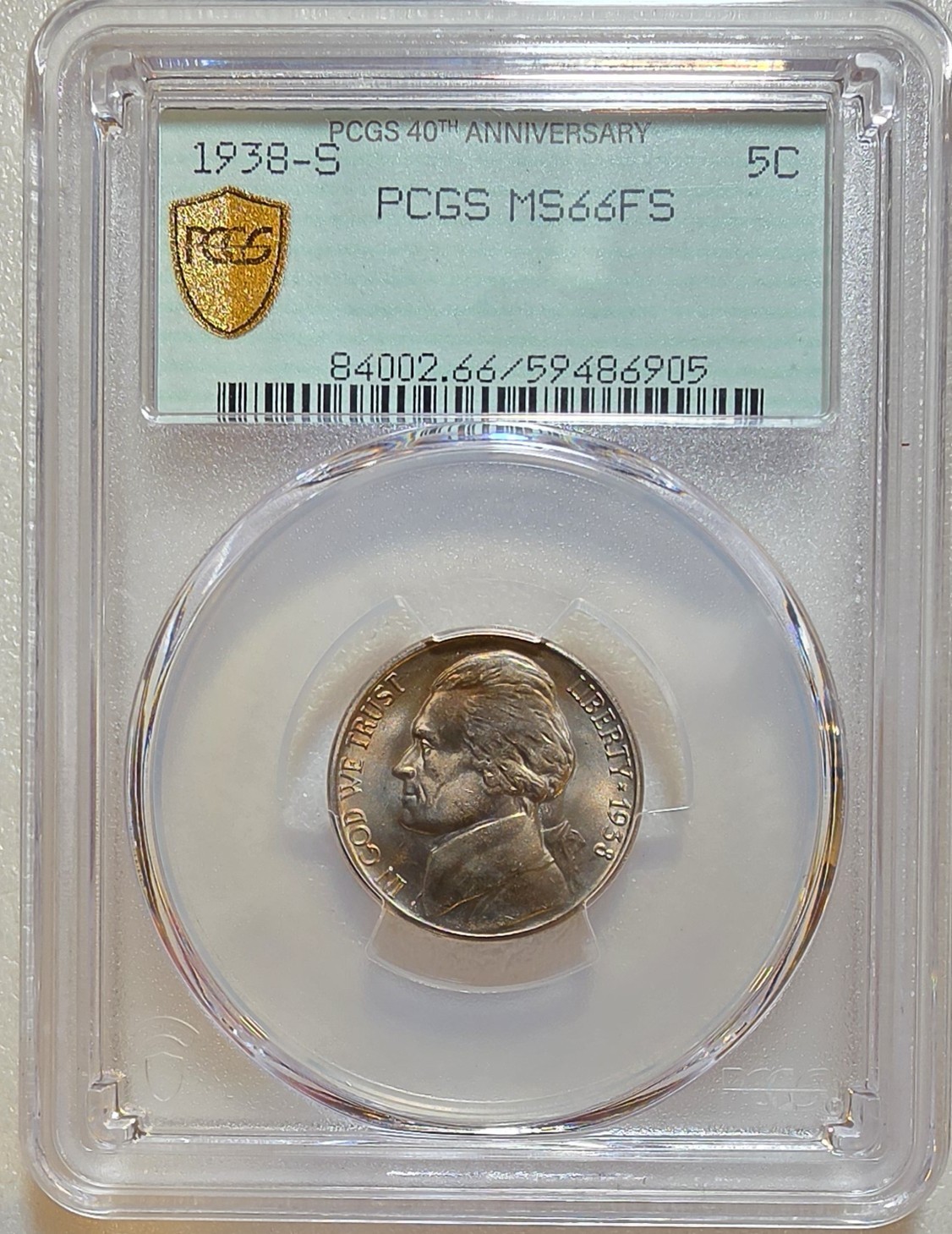 1938‑S Jefferson Nickel PCGS MS66FS Full Steps Gold Shield TrueView Pastel Gem