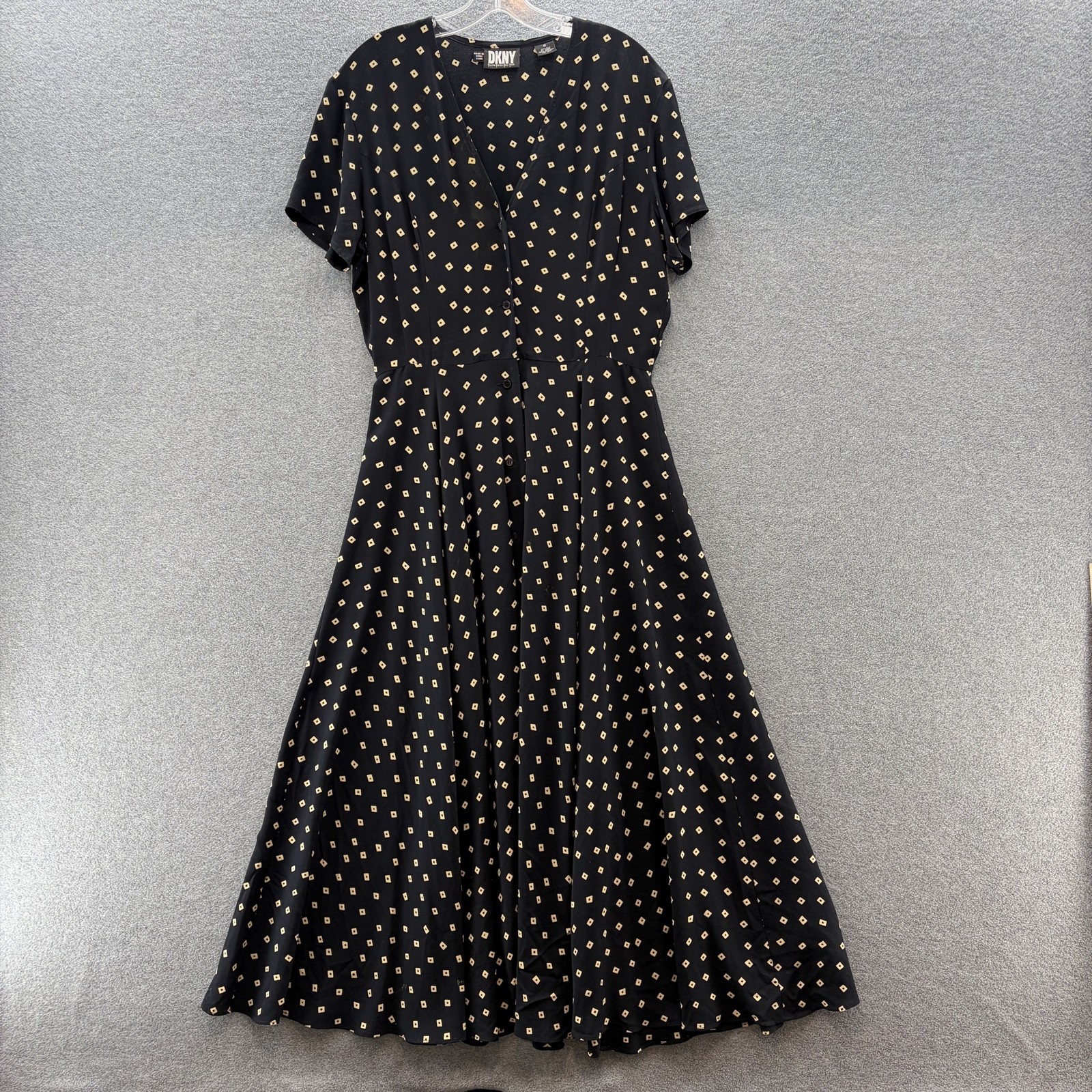 VTG 90s DKNY Dress 12 Black Silk Geo Print Button Front Flowy Fit Flare Retro VTG 90s DKNY Dress 12 Black Silk Geo Print Button Front Flowy Fit Flare Retro