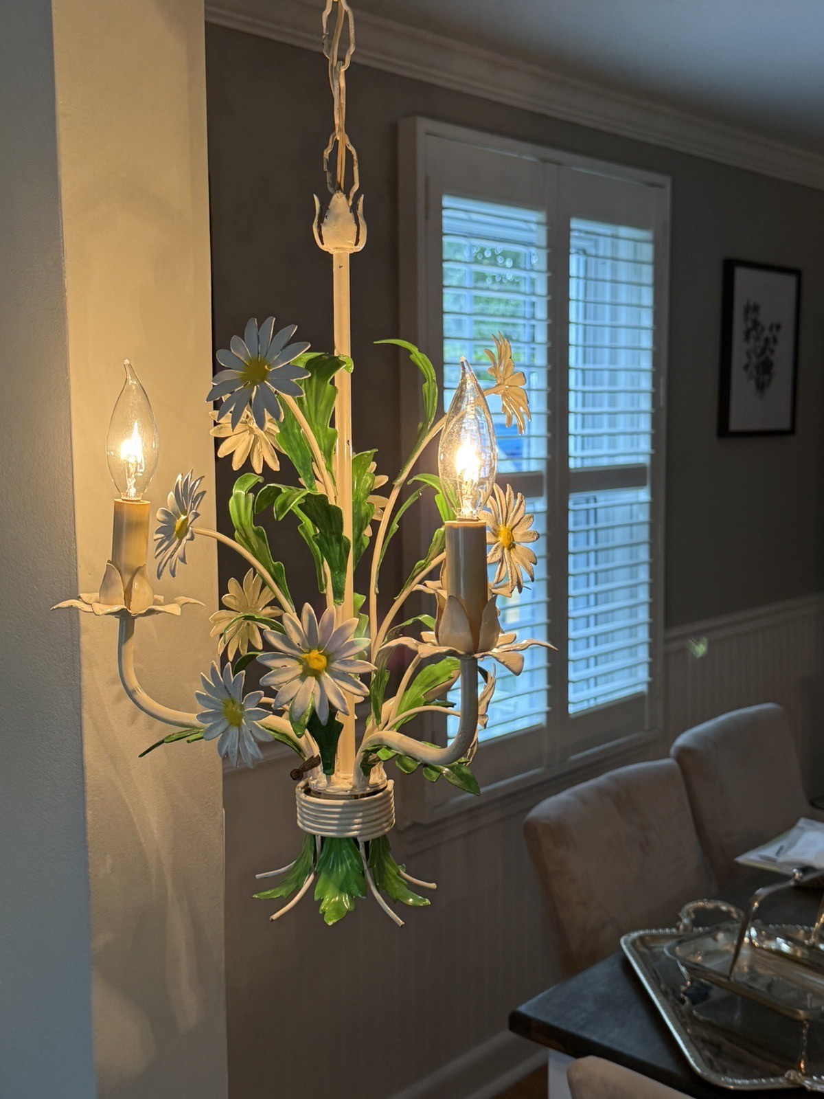 Vintage French Painted Toleware Daisy Chandelier Yellow Green