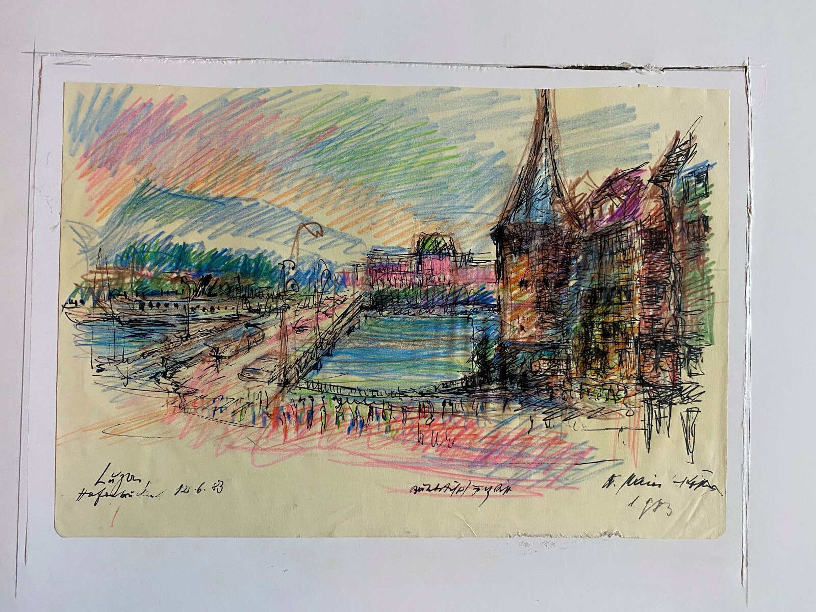 ::DRAWING SIGNED WALTER MAIER-KÖßLER 1983 PORT OLD TOWN BRIDGE IN LUCERNE ::DRAWING SIGNED WALTER MAIER-KÖßLER 1983 PORT OLD TOWN BRIDGE IN LUCERNE