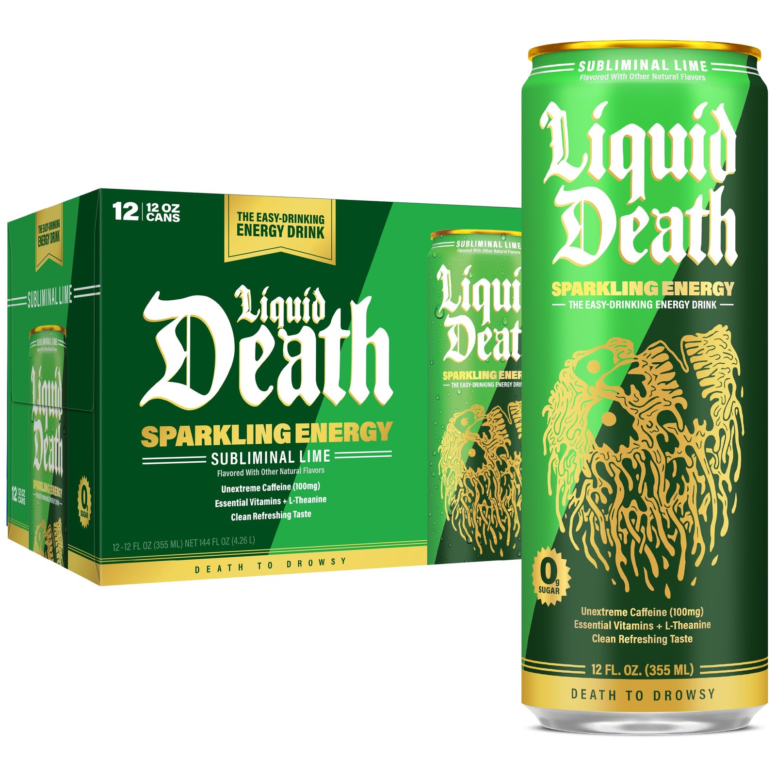 Liquid Death Sparkling Energy - Subliminal Lime (Lemon Lime), Zero Sugar...