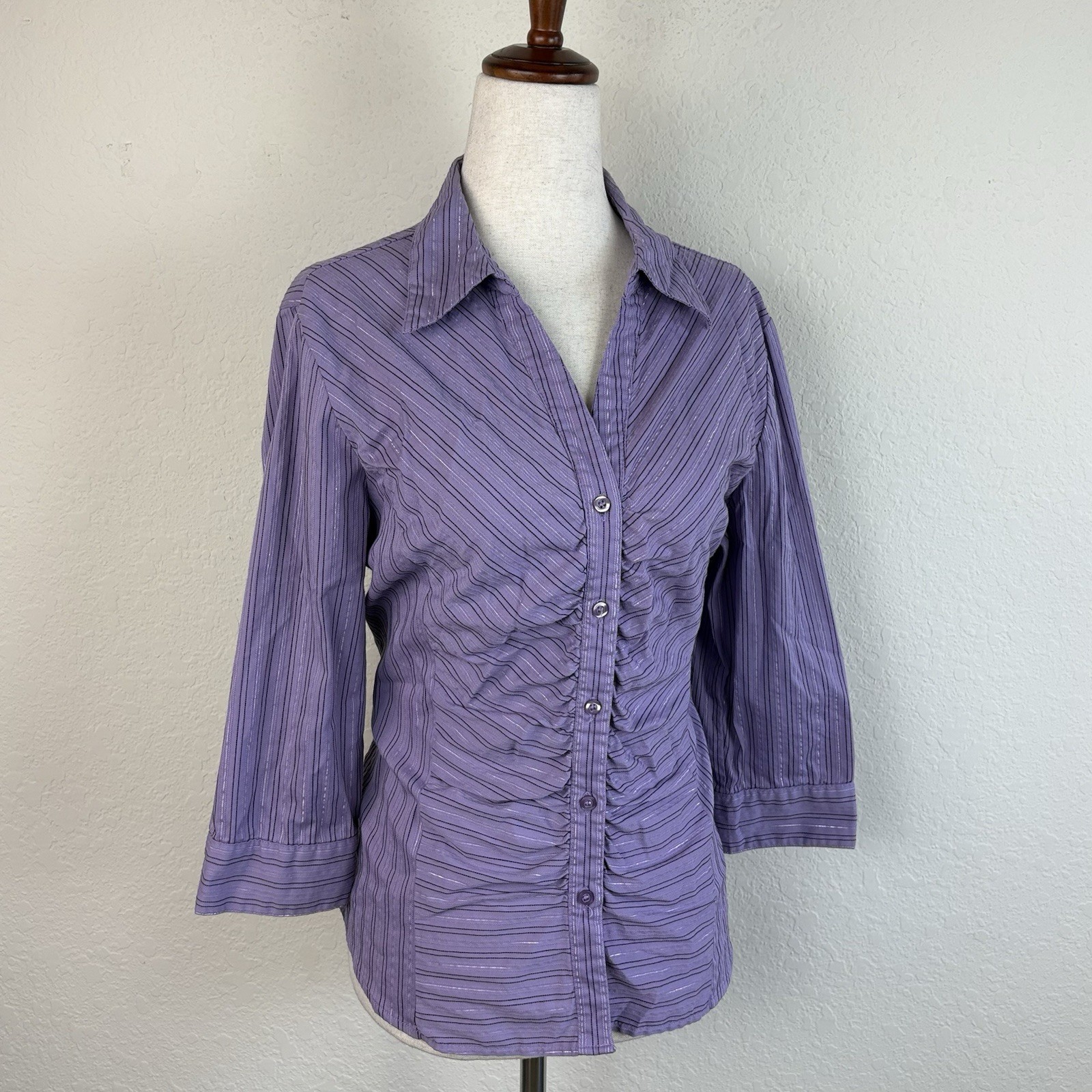 Y2k Vintage Petite 12 Office Siren Shirt Striped Purple Button Up Fairy Ruched Y2k Vintage Petite 12 Office Siren Shirt Striped Purple Button Up Fairy Ruched