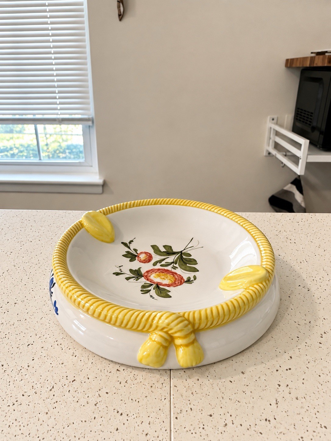 Vintage Italian Ceramic Ashtray Hand Painted Floral Yellow Rope Knot Italy MCM