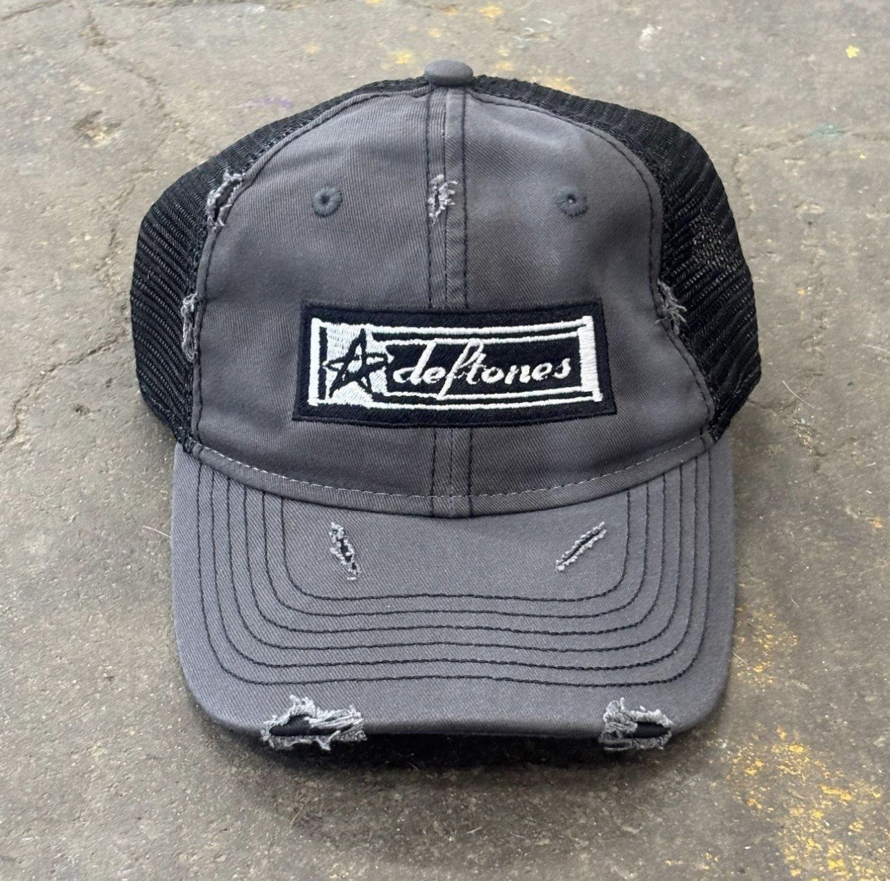 Deftones Band Merch Distressed Mesh Trucker Hat Gray Black Deftones Band Merch Distressed Mesh Trucker Hat Gray Black