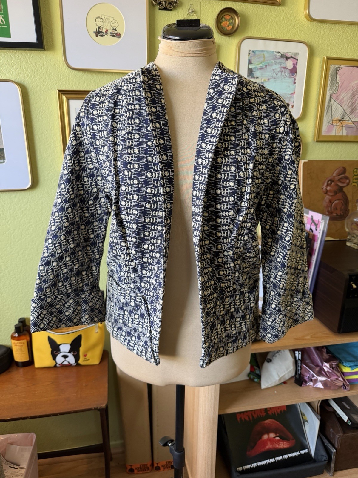 Vtg 1950s Agnes Barrett Quilted Jacket Open Front Sashiko Style Pattern Gauntts