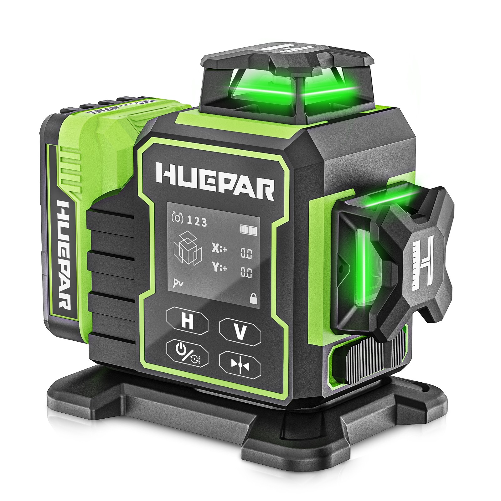 Huepar 3x360° Green Cross Line Bluetoothed Laser Level with Large LCD Screen