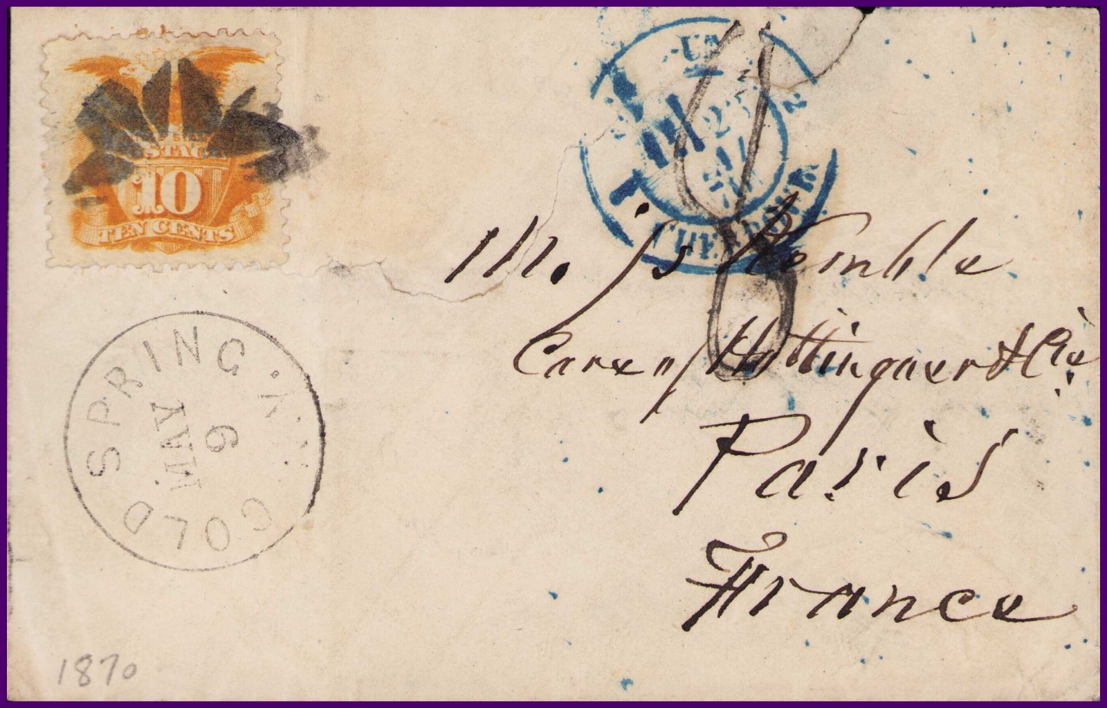 Scott #116 1869 10c Pictorial Cover Cold Spring NY to Paris 1870 Phantom Rate Scott #116 1869 10c Pictorial Cover Cold Spring NY to Paris 1870 Phantom Rate
