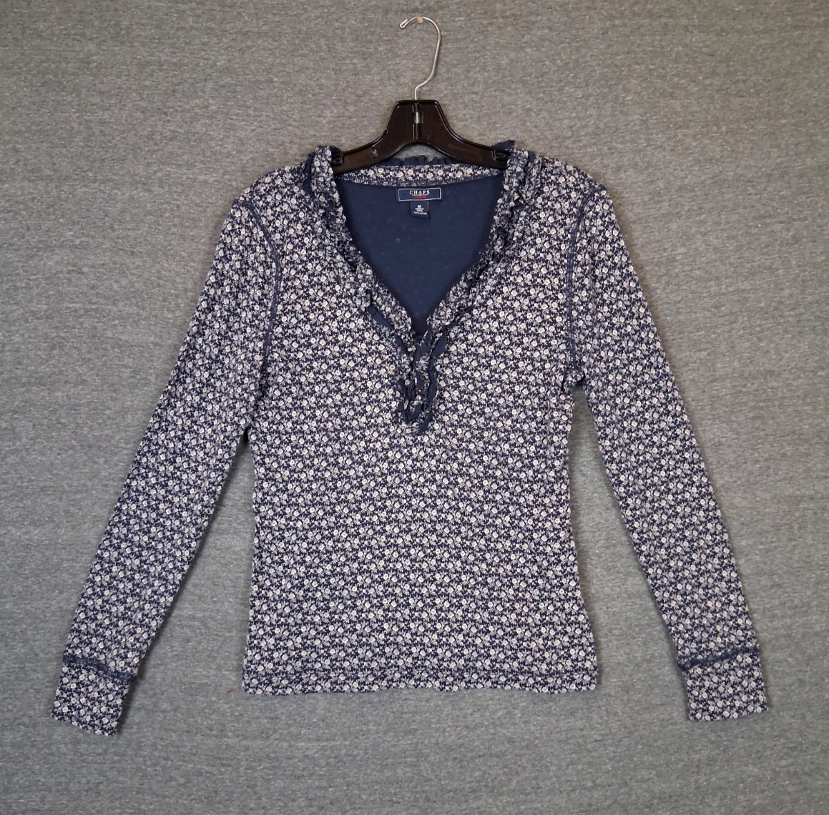 Chaps Womens Shirt M Blue Floral Cotton Ruffle Trim Cottage Prairie Capsule
