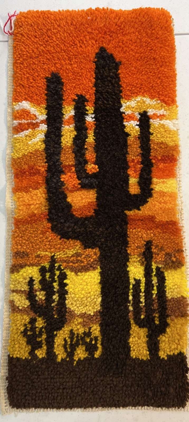 Vintage 1970s Yellow Orange Latch Hook Rug Wall Hanging Saguaro Cactus Succulent