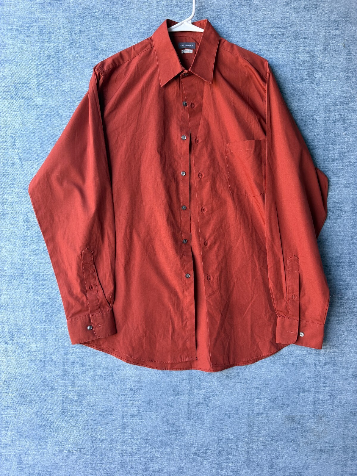 Van Heusen Men’s Rust Red Long Sleeve Button Down Dress Shirt Size L 16 34/35