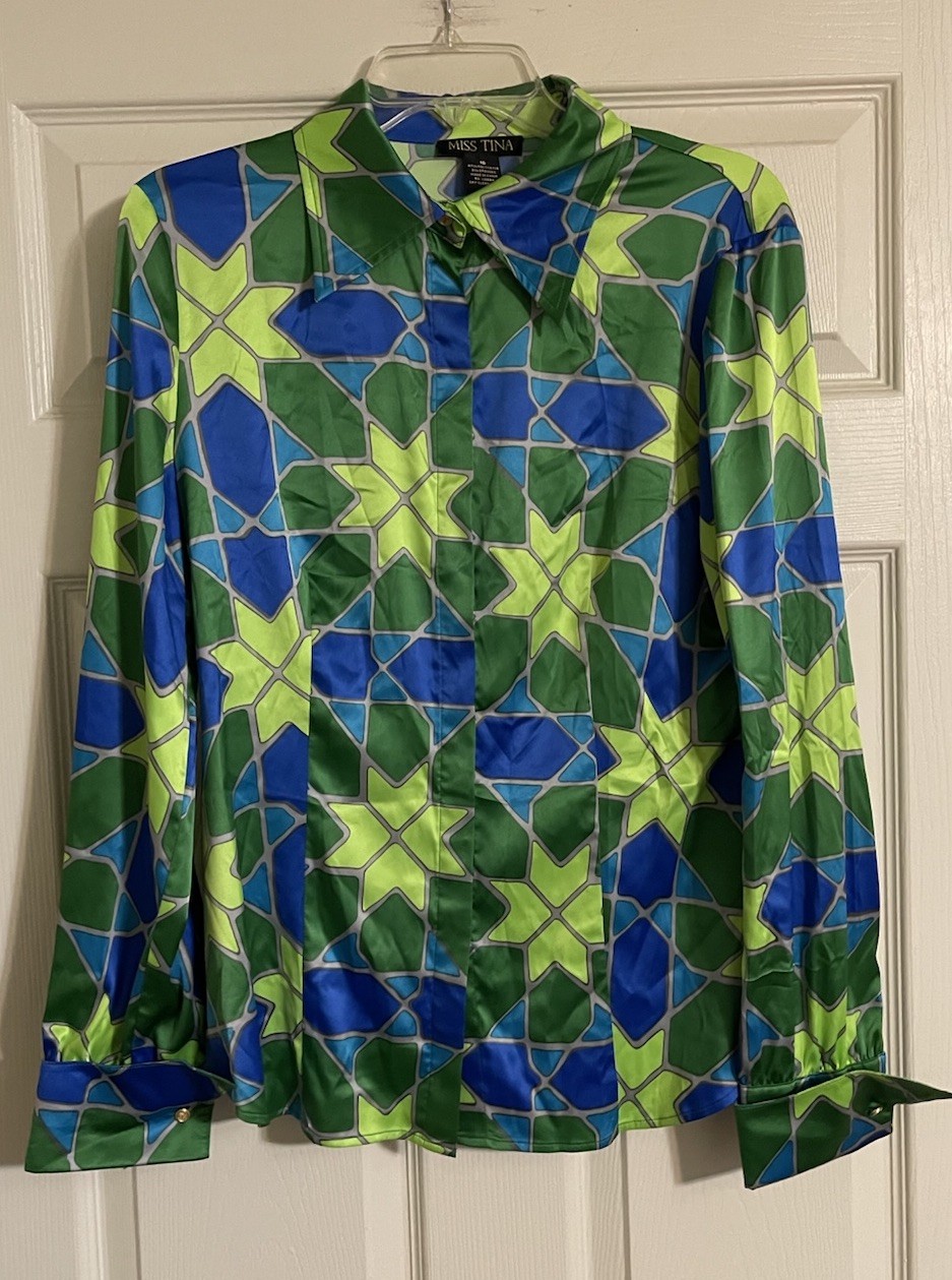 Miss Tina Tina Knowles Blouse Women’s Size 10 Green Blue Geometric French Cuffs